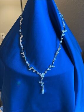 Silver Leaf and Pearl Station Long Necklace